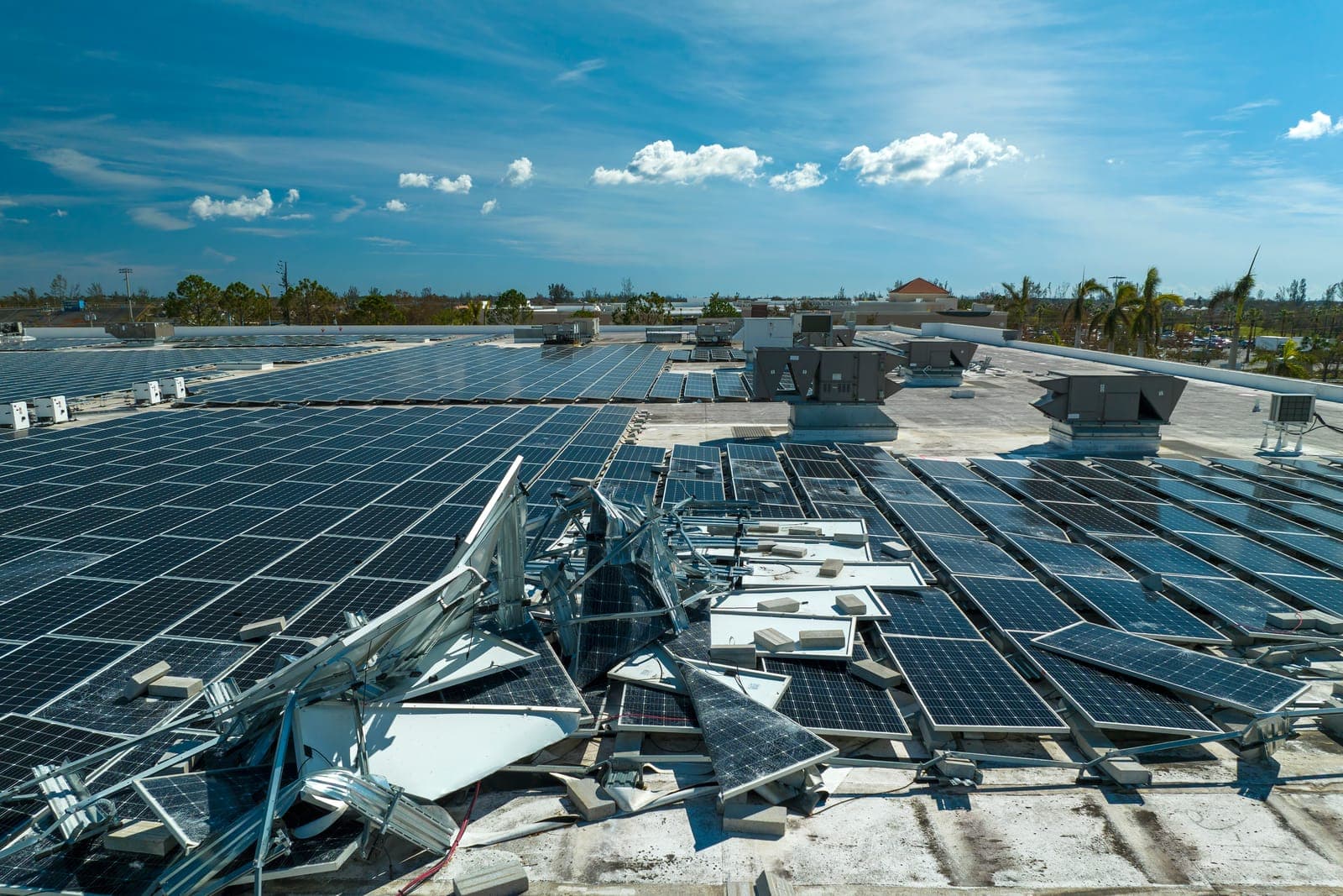 Storm-damaged panels on a commercial rooftop array